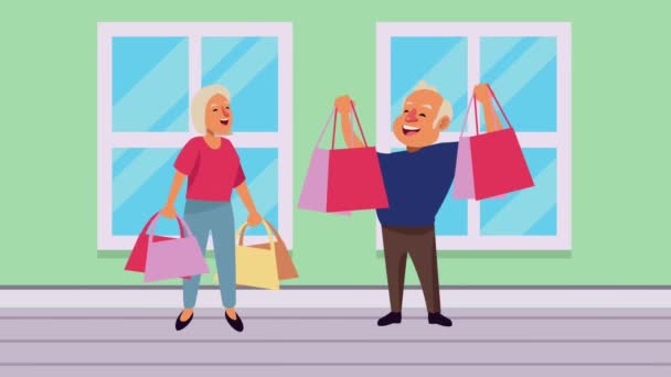 ηλικιωμένοι ζευγάρι με τσάντες ψώνια χαρακτήρες κινουμένων σχεδίων - Πλάνα, βίντεο