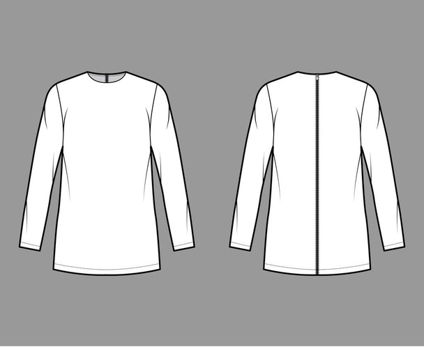Cady túnica técnica moda ilustración con cuello redondo, mangas largas, de gran tamaño, cierre de cremallera trasera, dobladillo alargado - Vector, Imagen