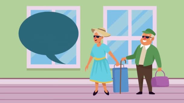 пожилые люди пара с чемоданами анимационных персонажей - Кадры, видео