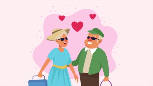 ηλικιωμένοι ζευγάρι με βαλίτσες και καρδιές χαρακτήρες κινουμένων σχεδίων - Πλάνα, βίντεο