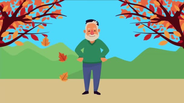 秋の風景アニメのキャラクターの老人 - 映像、動画