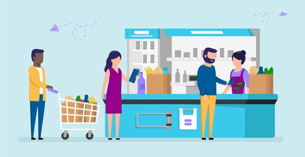 Different People Grocery Store Line At Cash Counter. Male And Female Supermarket Customers Buying Products, Man Pays With Smartphone, Woman Holds Wallet, Another Man With Cart. Vector Illustration - Vector, Image