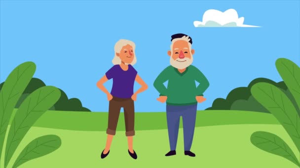 ηλικιωμένοι ζευγάρι στο πεδίο σκηνή χαρακτήρες κινουμένων σχεδίων - Πλάνα, βίντεο