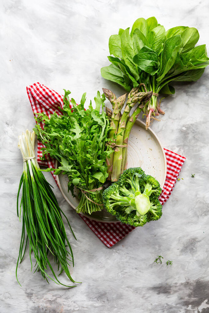 Overhead view of Green leaf spring vegetables, healhty food concept - Photo, image
