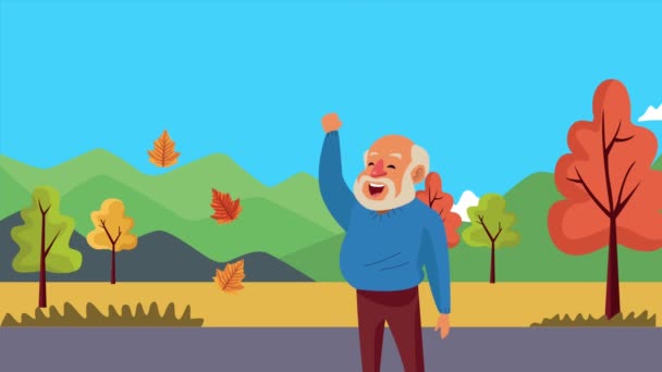 idős férfi az őszi táj animációs karakter - Felvétel, videó