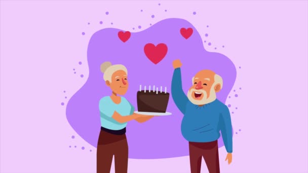 пожилые люди пара с кексом и сердца анимации персонажей - Кадры, видео