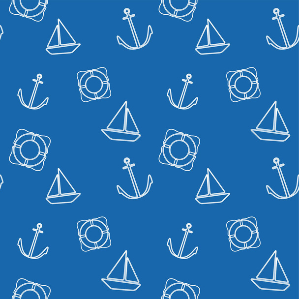 Vector Seamless Marine pattern. White nautical objects on blue background - Wektor, obraz