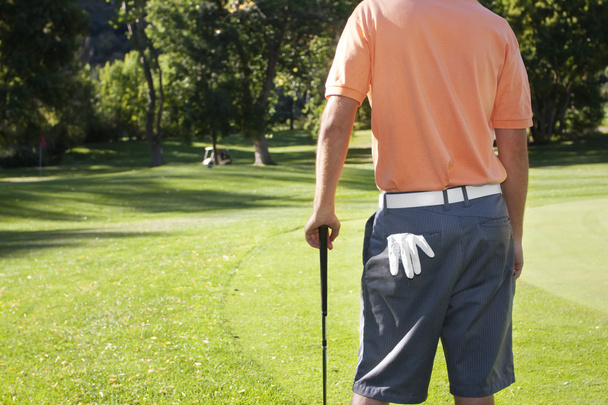 Golfista em torno do verde de um campo de golfe
 - Foto, Imagem