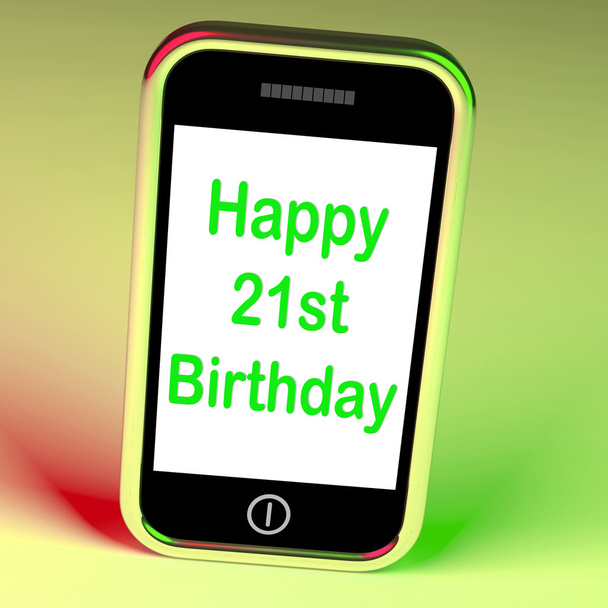 21 urodziny smartphone pokazuje gratulacji na dwadzieścia- - Zdjęcie, obraz