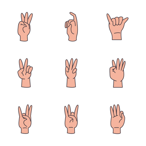 mão língua de sinais alfabeto linha e estilo de preenchimento ícones coleção vetor design - Vetor, Imagem