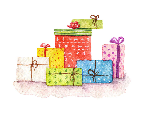 Hand painted watercolor illustration. Pile of bright colorful Christmas presents isolated on white background. - Photo, Image