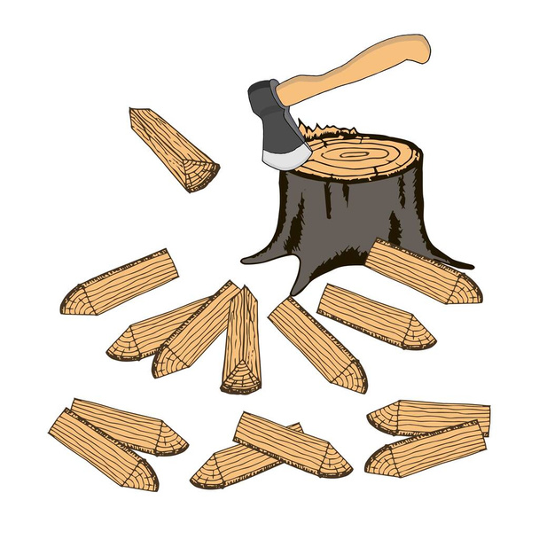 Ax im Baumstumpf, gehäckseltes Brennholz. Bunte Gestaltungselemente handgezeichnet Stock Vector Illustration für Web, für Druck - Vektor, Bild