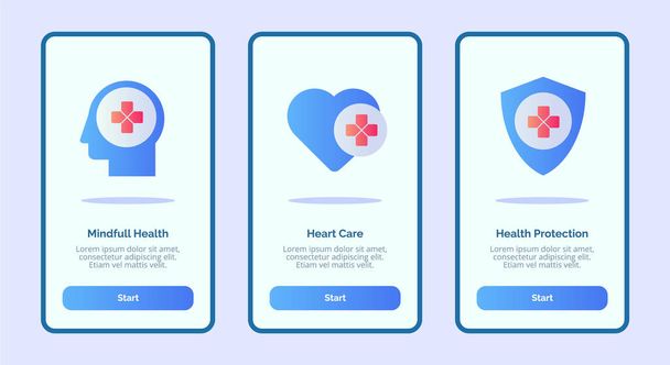 Gezici uygulamalar için tam sağlık kalp sağlığı koruma simgesi. Pankart UI sayfası. Üç varyasyonlu modern düz renk biçimi. - Vektör, Görsel