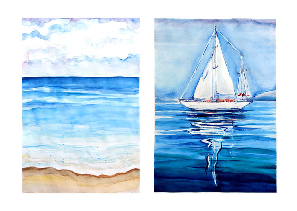 Colección Aquarelle pintura de playa. Dibujo a mano, ilustración arte. - Foto, imagen