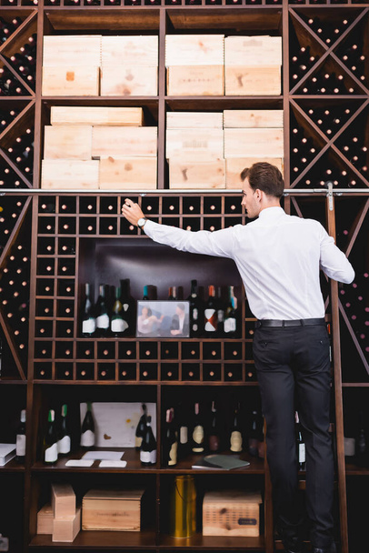 Visão traseira do sommelier em pé na escada enquanto empacotando garrafa de vinho do rack  - Foto, Imagem