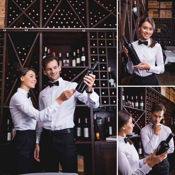 Κολάζ των sommeliers κρατώντας μπουκάλι κρασί κοντά σε ράφια στο εστιατόριο  - Φωτογραφία, εικόνα