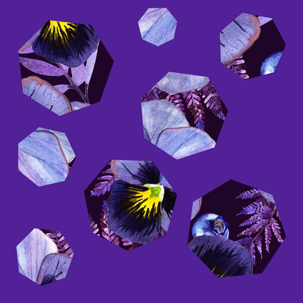 Seamless pattern with pancy and blueberry in heptagones isolated on violete background  - Photo, image