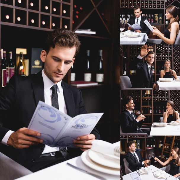 Koláž mladých párů při pohledu na menu a cinkání s vínem v restauraci  - Fotografie, Obrázek