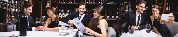 Collage de pareja elegante mirando el menú, tomándose de la mano y tomando selfie en el restaurante  - Foto, imagen