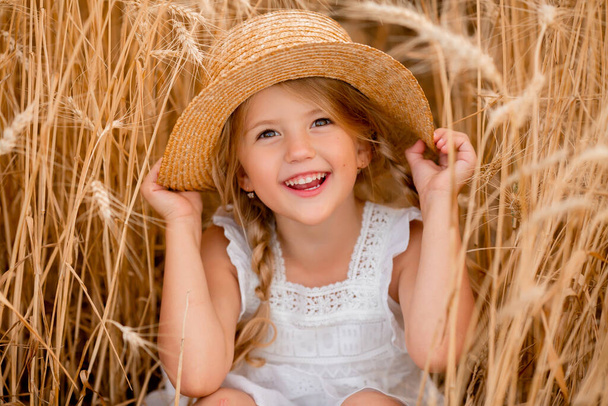 Suloinen pieni tyttö olkihelteessä pelaa vehnäpellolla lämpimänä aurinkoisena päivänä. - Valokuva, kuva