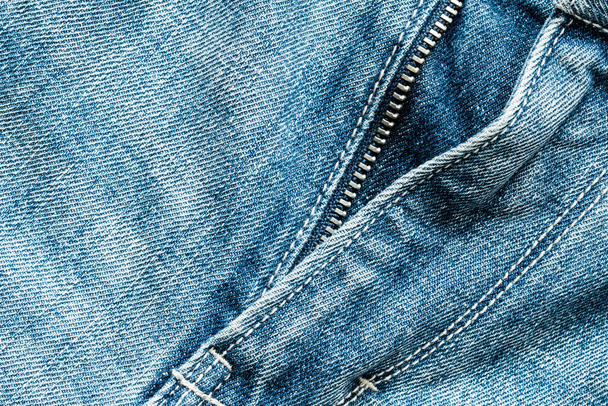 Close up view of the blue jeans zipper. Copy space. - Photo, Image