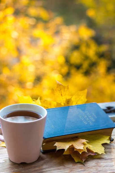 Podzimní listy, ročenka a šálek čaje na dřevěném povrchu. Krásné pozadí bokeh. Venkovní kempování. Podzimní životní styl, koncept komfortu - Fotografie, Obrázek