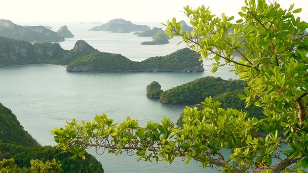 Bird eye panoramic aerial top view of Islands in ocean at Ang Thong National Marine Park near touristic Samui paradise tropical resort. Archipelago in the Gulf of Thailand. Idyllic natural background. - Photo, Image