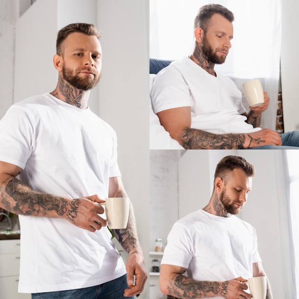 collage of pensive tattooed man in white t-shirt holding cup of tea and looking at camera - Foto, Imagem