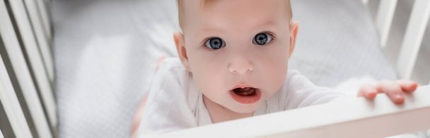 horizontal concept of infant child looking at camera while standing in cot with open mouth - Фото, изображение