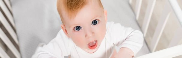 panoráma felvétel csecsemő fiú nézi a kamerát, miközben áll kiságy - Fotó, kép