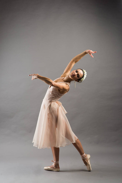 young beautiful ballet dancer in beige swimsuit posing on pointes on light grey studio background - Zdjęcie, obraz