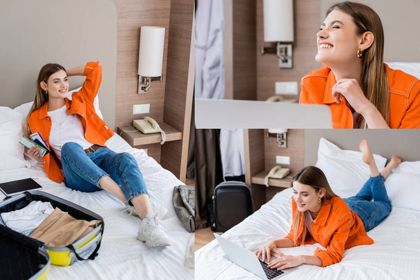 joven freelancer descalzo acostado en la cama y el uso de la computadora portátil en la habitación de hotel - Foto, imagen