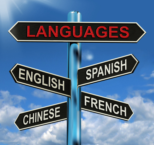talen wegwijzer betekent Engels Chinees Spaans en Frans - Foto, afbeelding