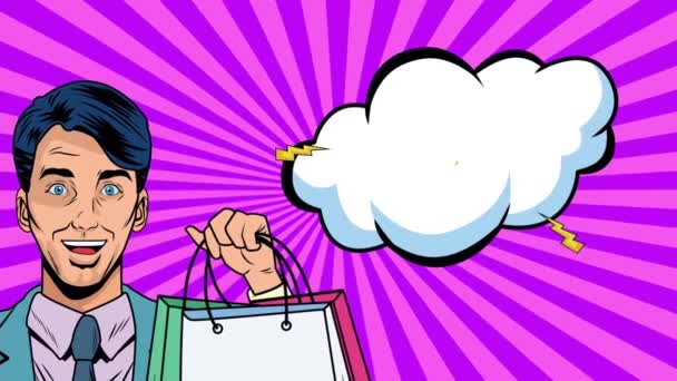 Geschäftsmann mit Einkaufstüten Pop-Art-Animation - Filmmaterial, Video
