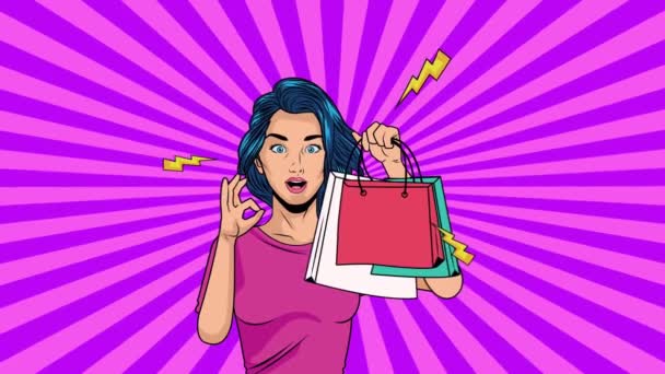 beautiful woman with shopping bags pop art style - Footage, Video