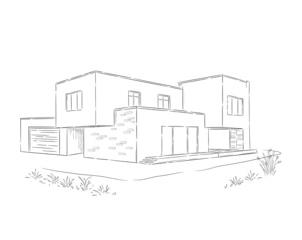 Векторный линейный архитектурный эскиз современного особняка - Вектор,изображение
