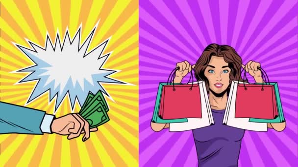 beautiful woman with shopping bags and hand with bills dollars pop art style - Footage, Video