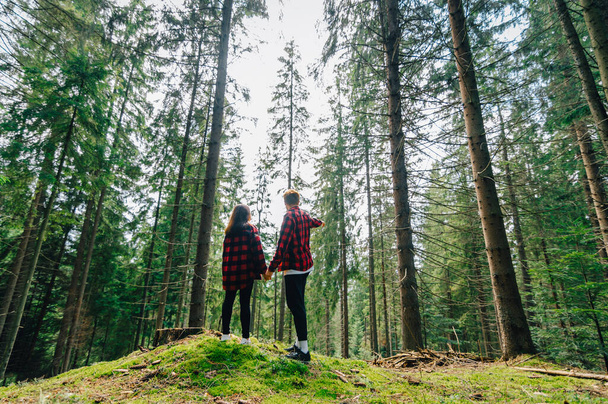 Piękna para w czerwonej koszuli stojąca trzymając się za ręce w pięknym lesie na mchu i patrząc na piękny naturalny krajobraz. Para zakochanych spacerująca po lesie - Zdjęcie, obraz