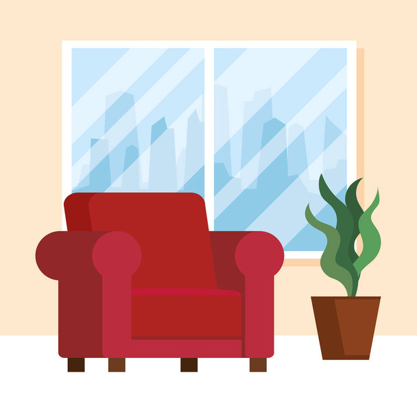 salon w domu, z sofą, rośliną doniczkową i oknem - Wektor, obraz