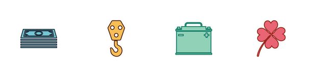 Set Stacks paper money cash, Industrial hook, Car battery and Four leaf clover icon. Vector. - Vector, Image