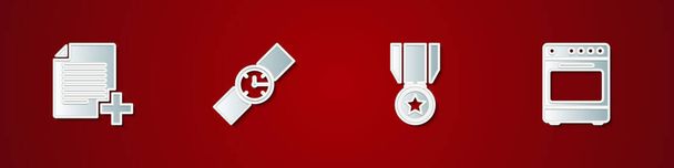 Set Ajouter un nouveau fichier, Montre-bracelet, Médaille avec étoile et icône Four. Vecteur. - Vecteur, image