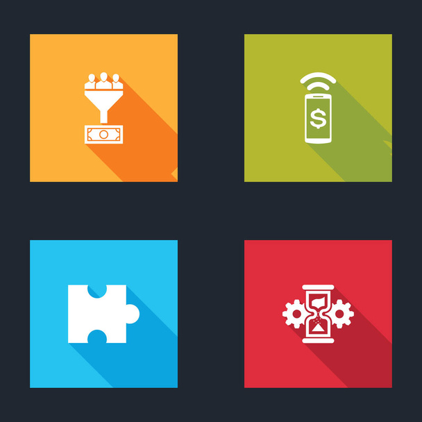 Set Lead Management, Contactless payment, Piece of puzzle and Hourglass and gear icon. Вектор. - Вектор,изображение