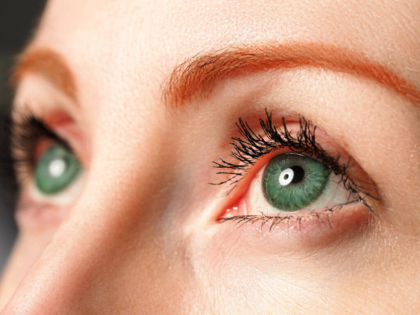 Женские голубые глаза окрашены в зеленый цвет со специальными контактными линзами - Фото, изображение