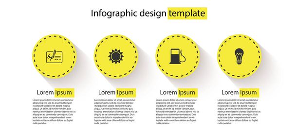 Set Signed document, Sun, Petrol or Gas station and Light bulb. Business infographic template. Vector. - Vector, Image