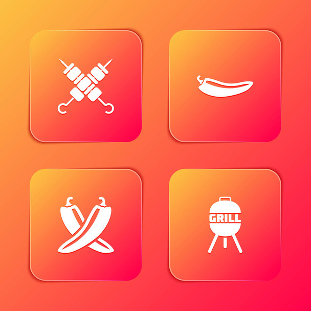 Set Grilled shish kebab, Hot chili pepper pod, Crossed hot and Barbecue grill icon. Vector. - Vector, Image