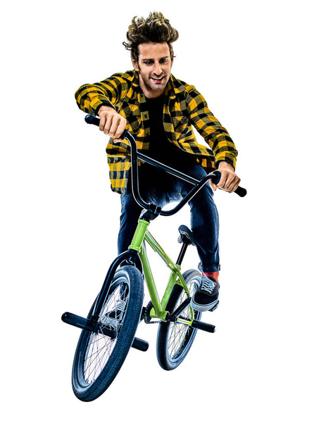 BMX rider cyclist cycling freestyle acrobatic stunt isolated white background - Photo, image