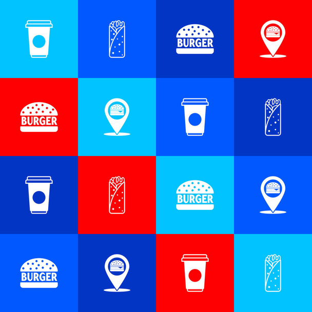 Set Coffee cup, Burrito, Burger and Location with burger icon. Vector. - Vector, Image