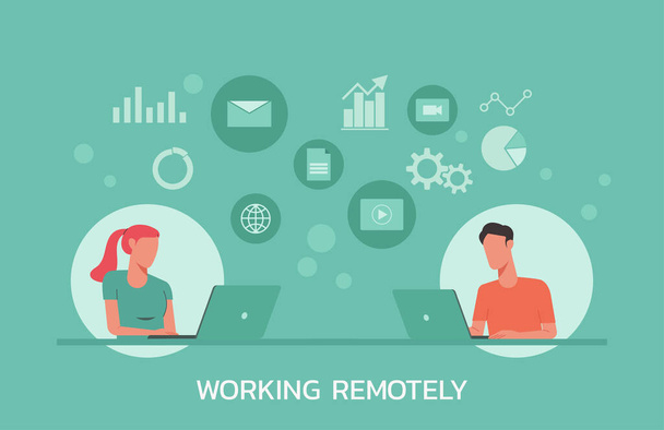 Młoda kobieta i mężczyzna pracujący w domu na laptopach, przestrzeni do współpracy, pracujący zdalnie, i nowa normalna koncepcja - Wektor, obraz
