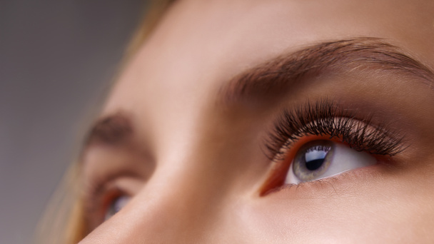 Eyelash Extension Procedure. Woman Eye with Long Eyelashes. Close up, selective focus. - Photo, image