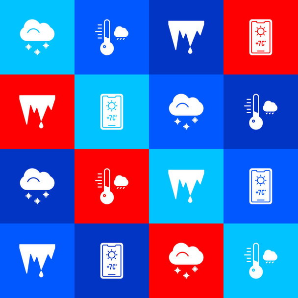 Set Cloud lumella, Meteorologia lämpömittari, Jääpuikko ja sääennuste kuvake. Vektori. - Vektori, kuva